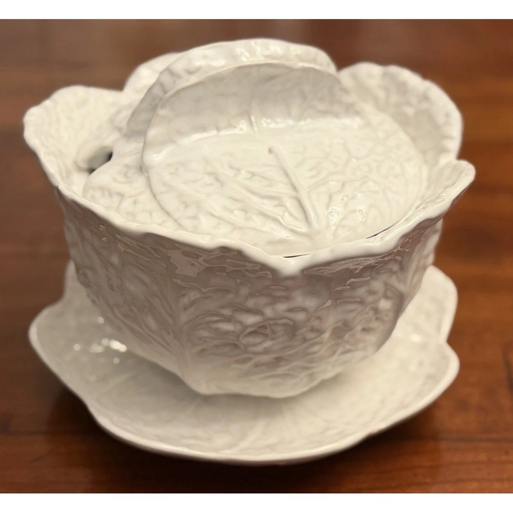 Bordallo Pinheiro White Cabbage Leaf Soup Tureen Lid Underplate Set Portugal